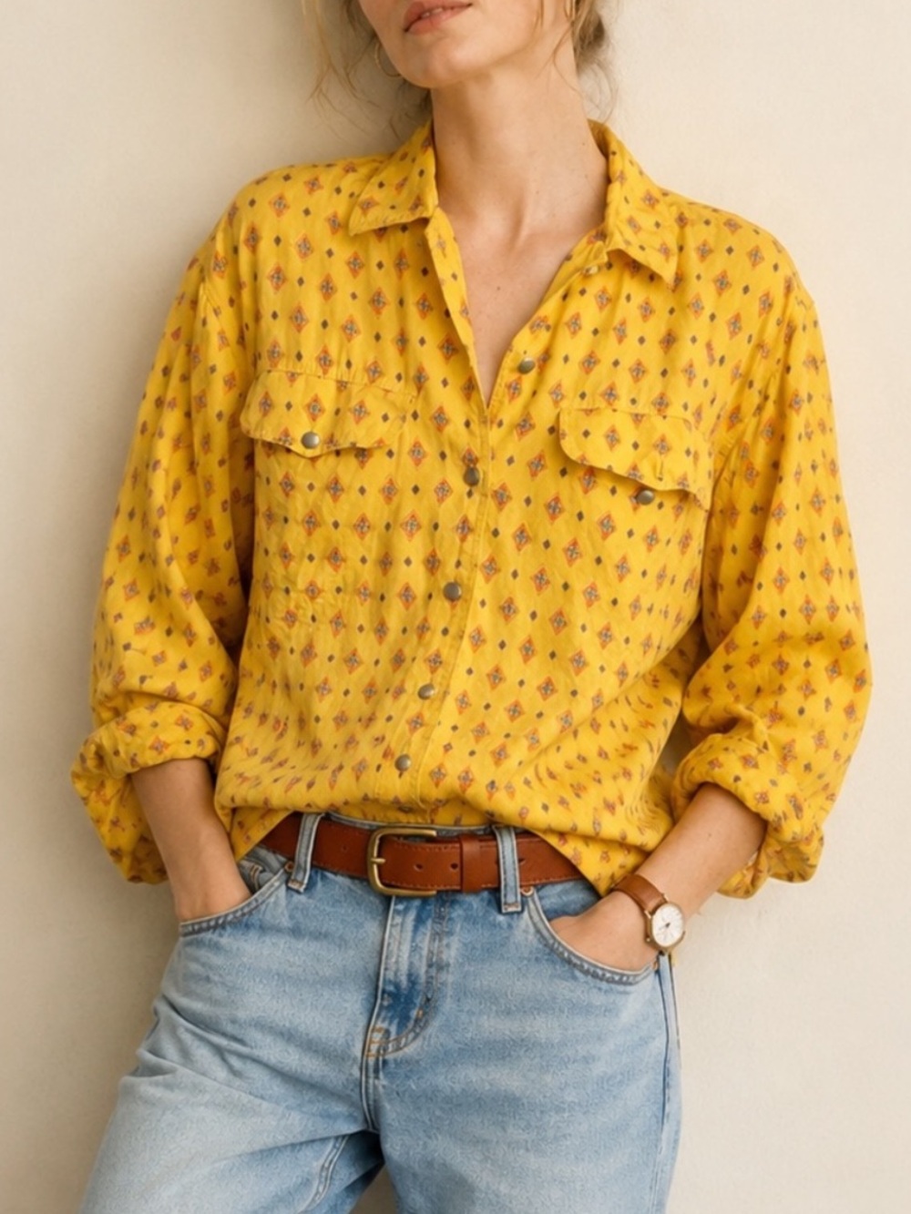 Vintage 90s Lizwear Yellow Geometric Print Rayon Button Down Shirt Size Small